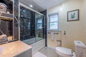 Hair dryer, towels, soap, shampoo