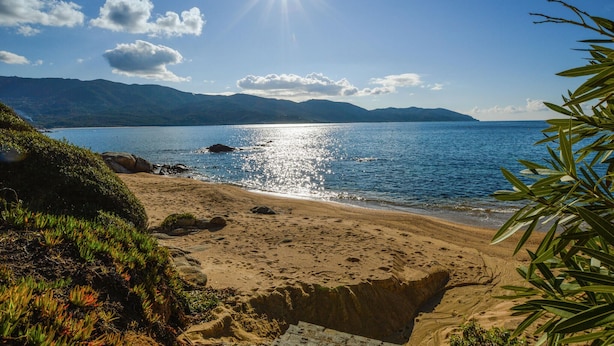 Ein Strand mit blauem Himmel, ruhiger See und fernen Bergen.
