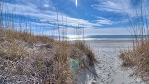 A beach with sand and sparse vegetation.