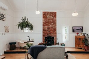 Smart TV, fireplace, books