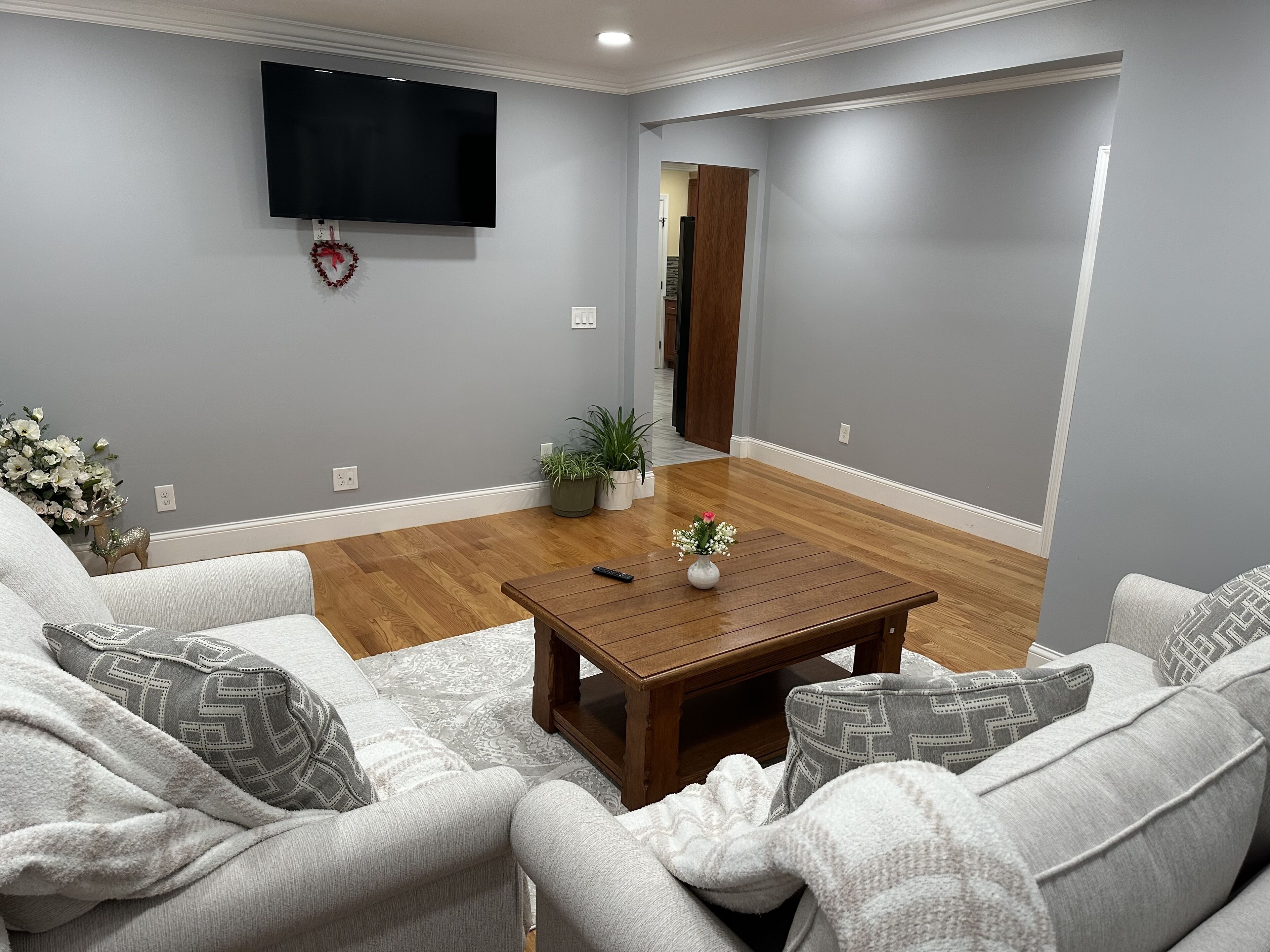 A living room with grey walls, a wooden coffee table, grey sofas with patterned cushions, a flat-screen TV mounted above the coffee table, and a potted plant on the floor.