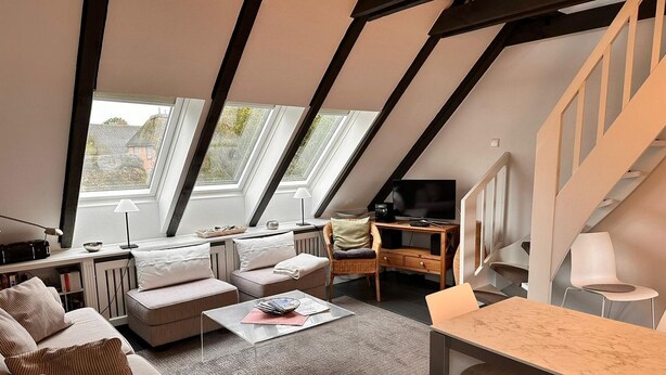 Un salon moderne de style industriel, avec un plafond en pente, de grandes fenêtres, un ensemble de canapés, une table basse, un téléviseur et un coin repas.