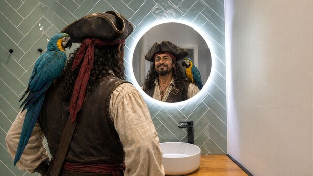 A person in pirate attire with two parrots perched on their shoulders, standing in front of a mirror with a round frame, in a bathroom with a white sink and herringbone-patterned tiles.