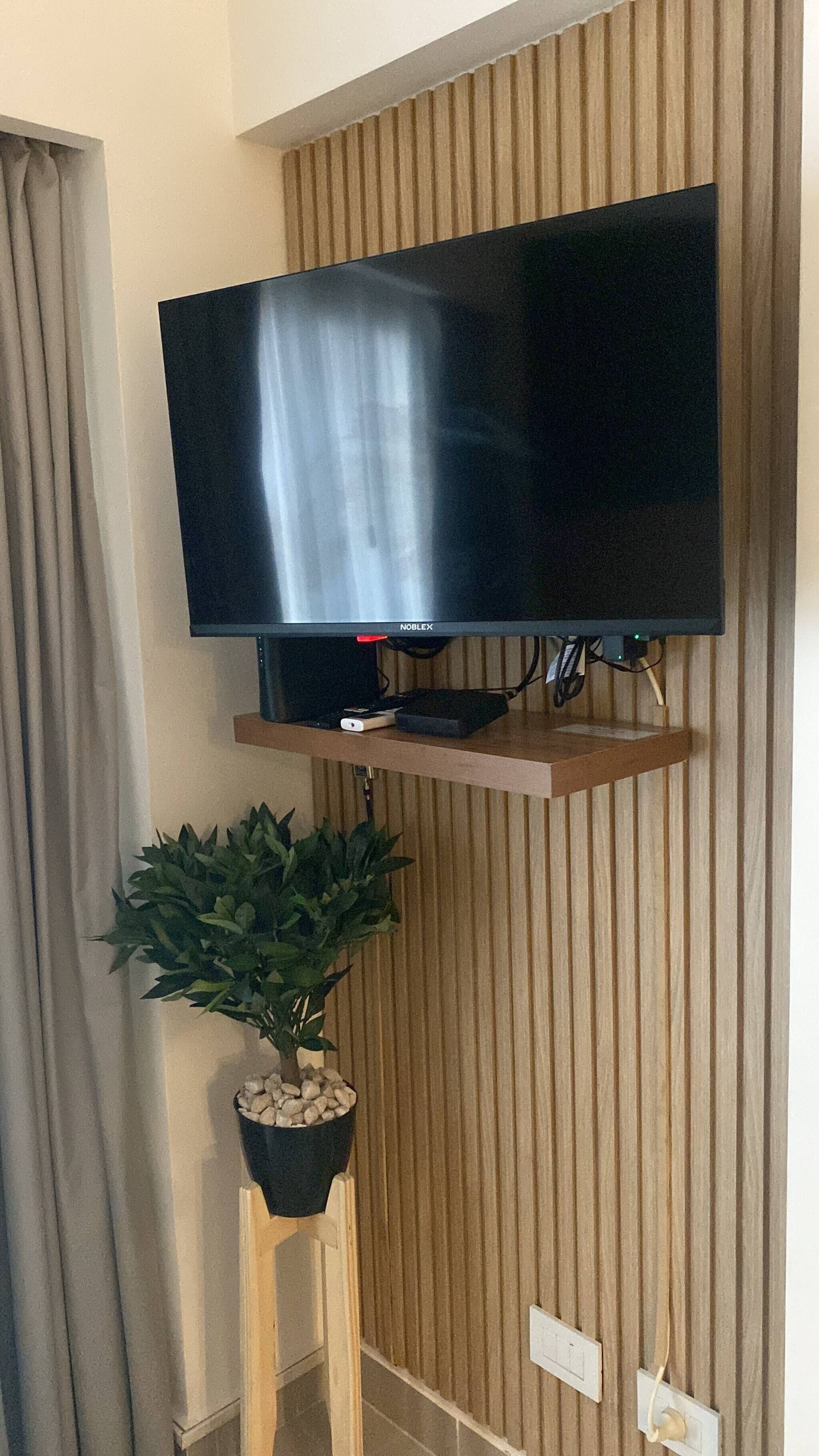 Een flatscreen televisie bevestigd aan een houten wand, met een plantje eronder.