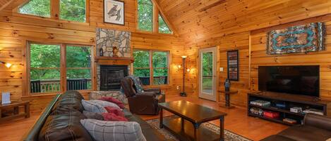 Älytelevisio, takka, kirjoja