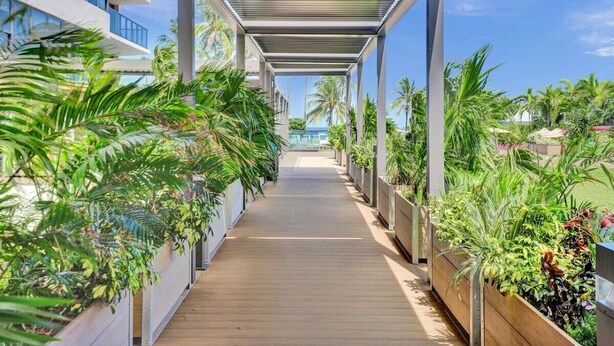 A covered walkway with wooden flooring, flanked by lush greenery and palm trees, leading towards a building with large windows. - Cute Ocean View Condo Beach Service 1217 (Miami Beach)