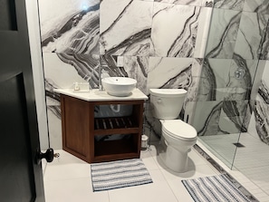 Hair dryer, towels, soap, shampoo