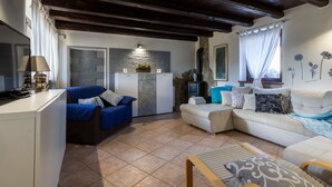 A cozy living room with a blue sofa, a beige sofa, and a wooden bench. There is a white cabinet with a plant on top, a stone wall, and a fireplace. - Da Norma by Interhome (Terzo d'Aquileia)
