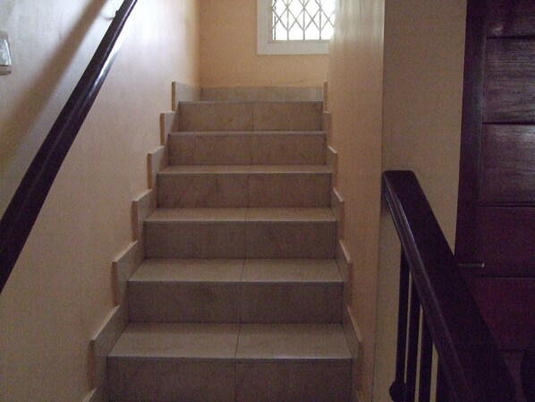 A staircase with beige steps and a wooden handrail.
