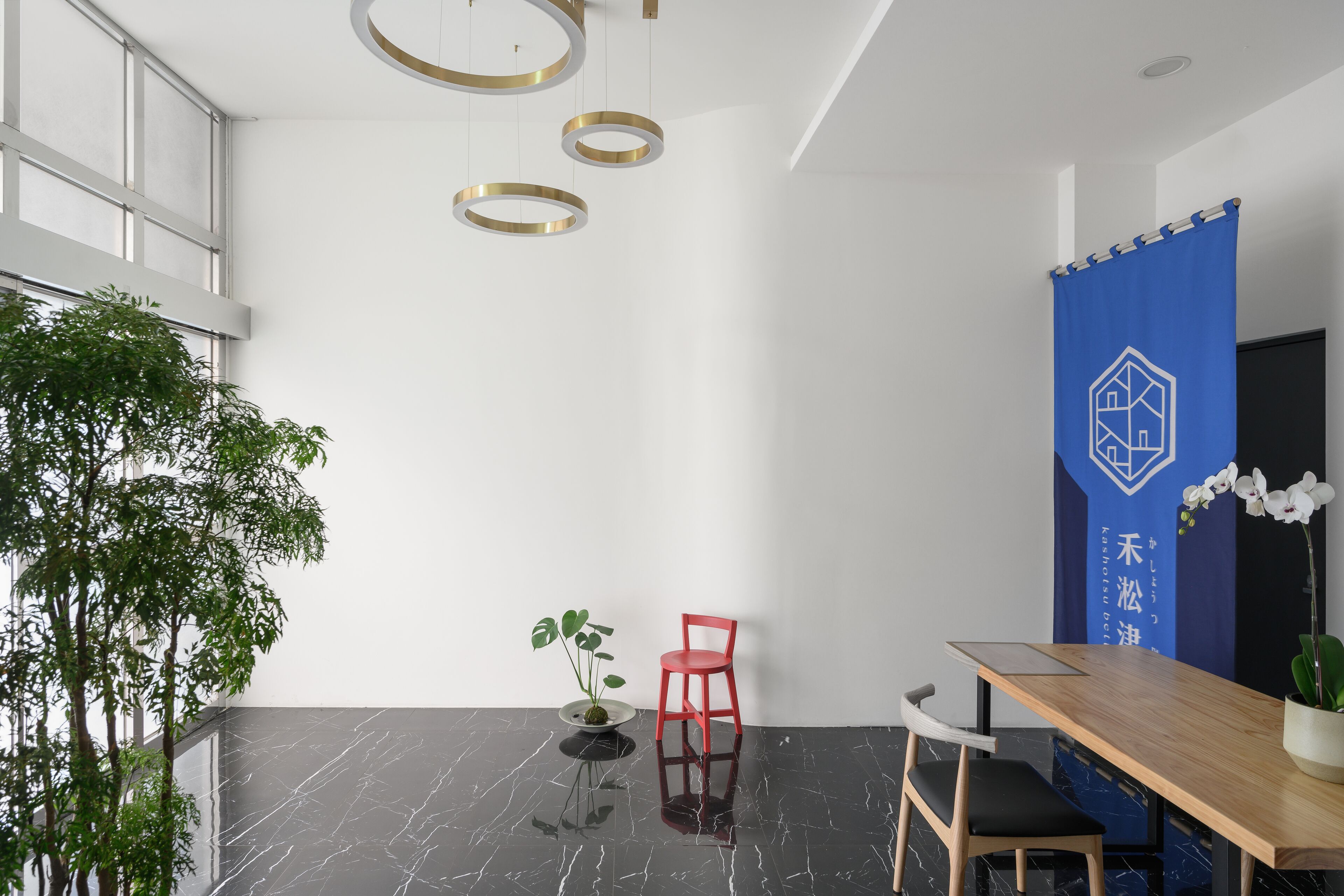 A modern interior with a wooden dining table, a red chair, a potted plant, and a blue partition with a geometric design.