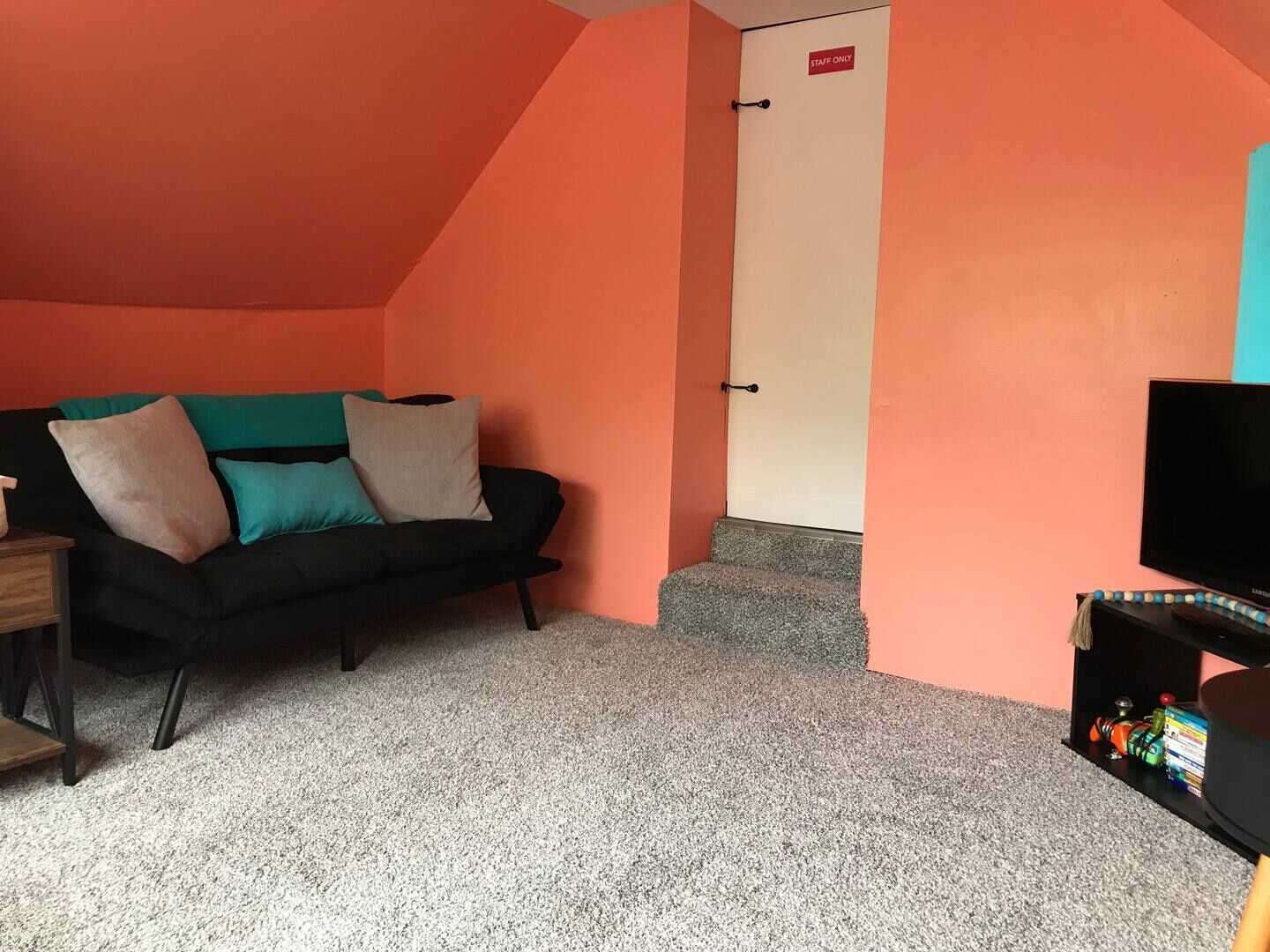 Een kamer met een zwarte bank, kussens in teal en beige tinten, een televisie op een standaard en een deur met de tekst 'STAFF ONLY'.