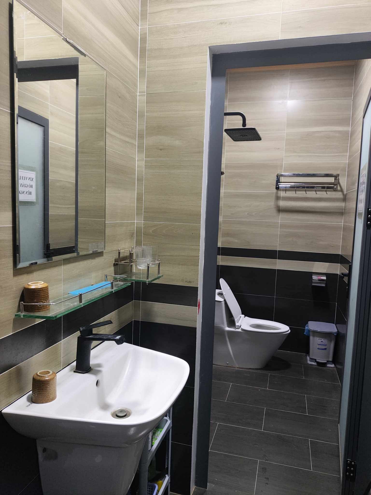 Shower, rainfall showerhead, hair dryer (on request), slippers