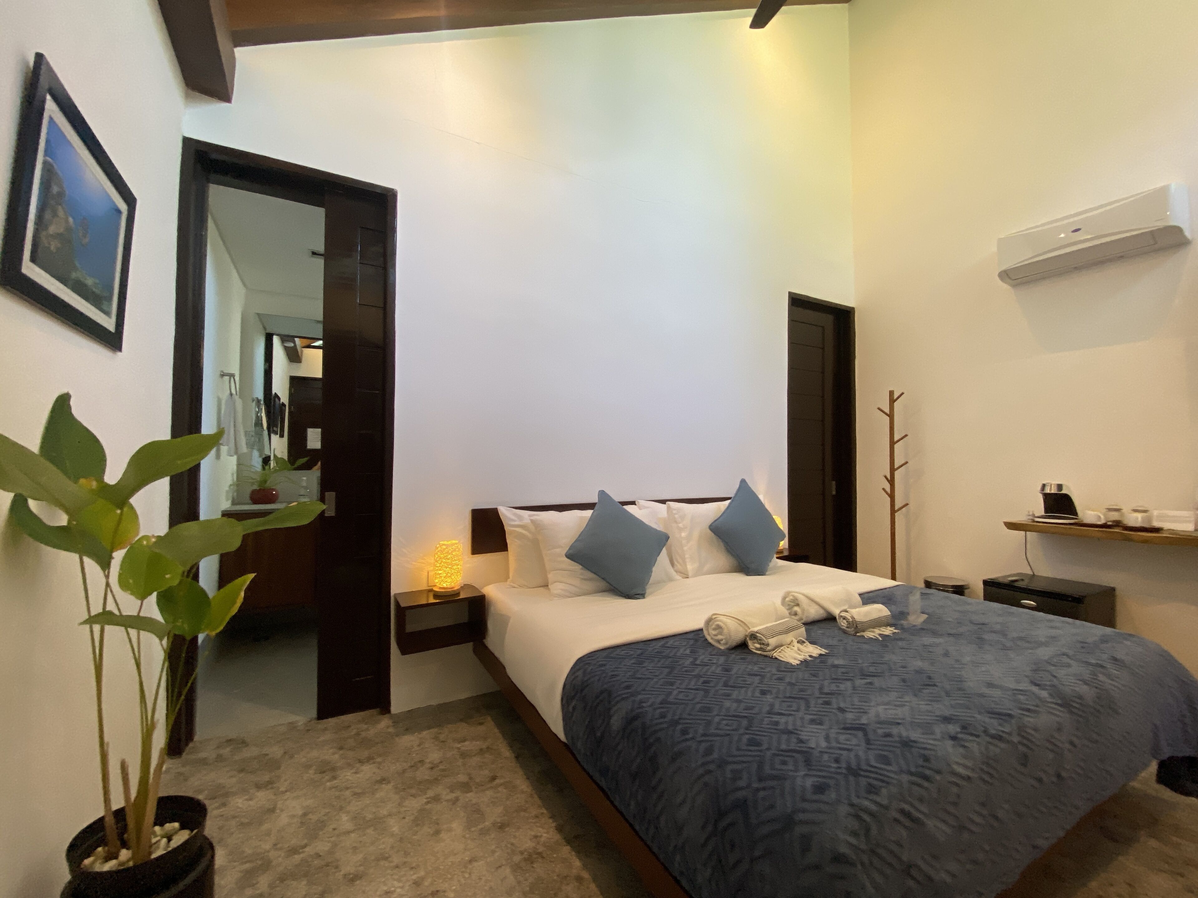 A bedroom with a bed, bedside tables, a nightstand, a lamp, a potted plant, a framed picture, and a wall-mounted air conditioner.