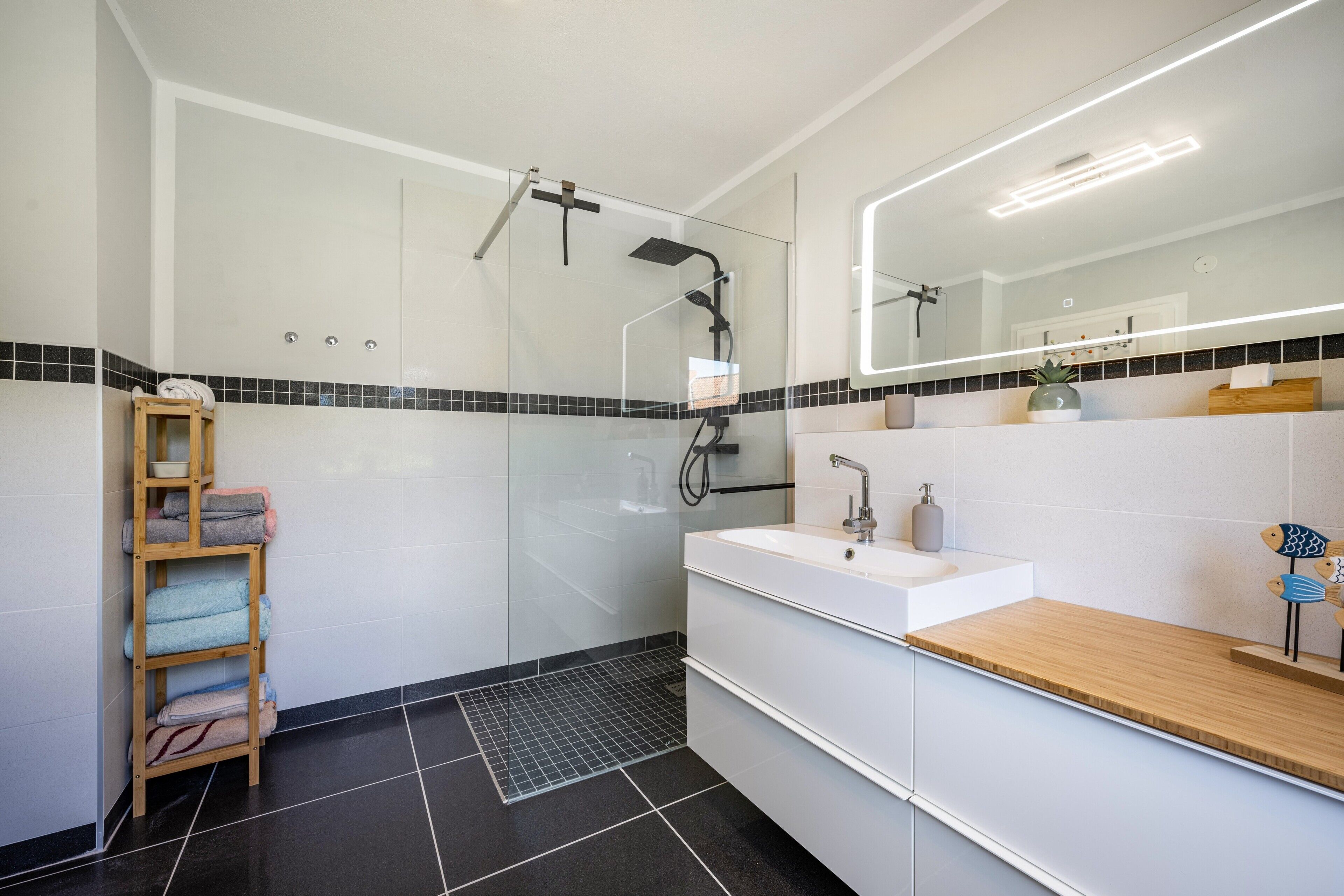 Shower, hair dryer, towels