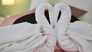A neatly folded white towel with a heart shape on a bed. - Blue & Green Apts - Dassia, Corfu, 1 (Dassia)
