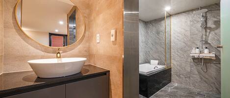 Rainfall showerhead, designer toiletries, hair dryer, bathrobes