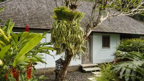 Una casa tradicional con techo de tejas, un sendero de piedra y un pequeño jardín con un árbol y diversas plantas.