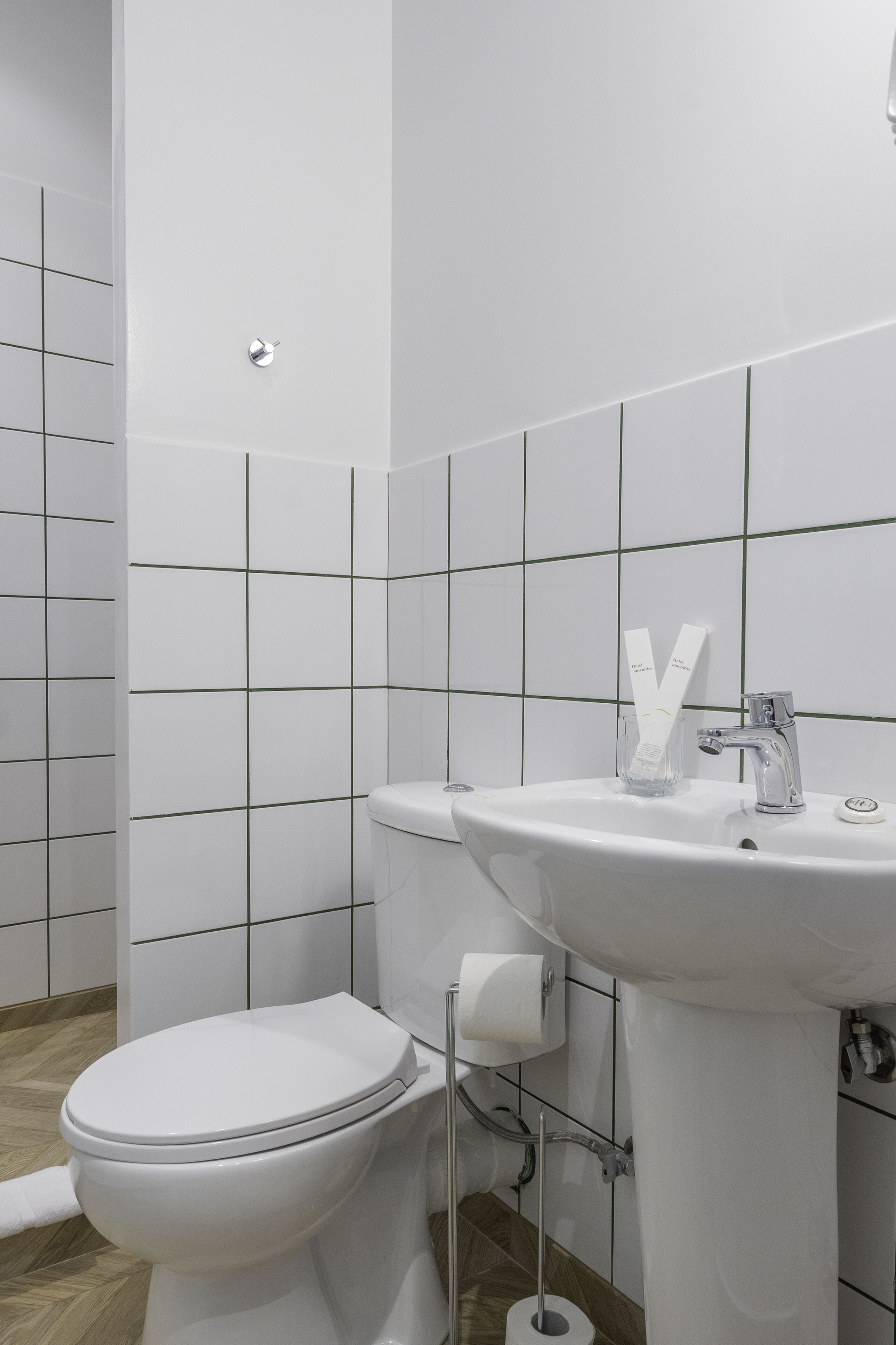 A bathroom with a toilet, sink, and toilet paper holder.