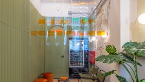 A reception area with a green wall, a seating area with chairs, a small table, and a plant. - Cabins Sleeping Mets (Athens)