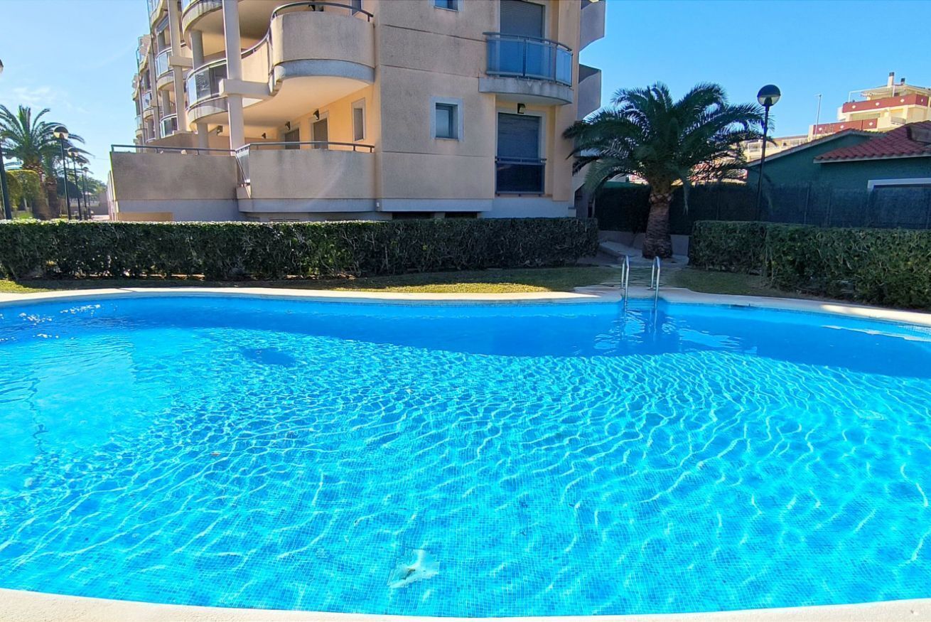 A swimming pool with clear blue water, surrounded by a building with balconies and a palm tree.