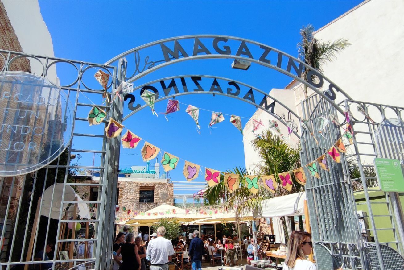 A metal gate with 'MAGAZINS' and 'CONJUGALE' signage, surrounded by colorful butterfly decorations.