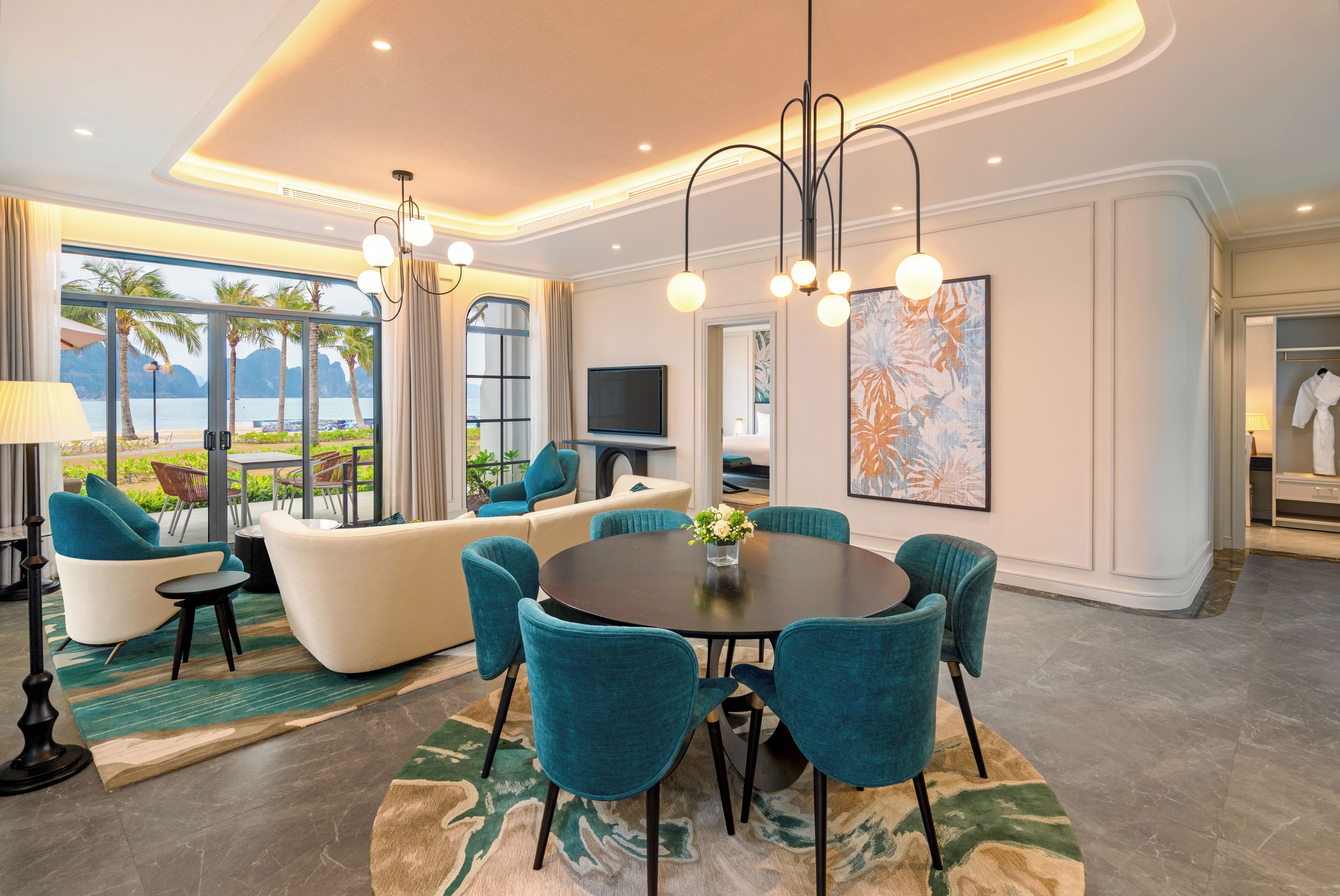 Beachfront Villa | Living area | 50-inch LED TV with cable channels, fireplace