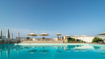 Seasonal outdoor pool, open 9:00 AM to 7:00 PM, pool umbrellas