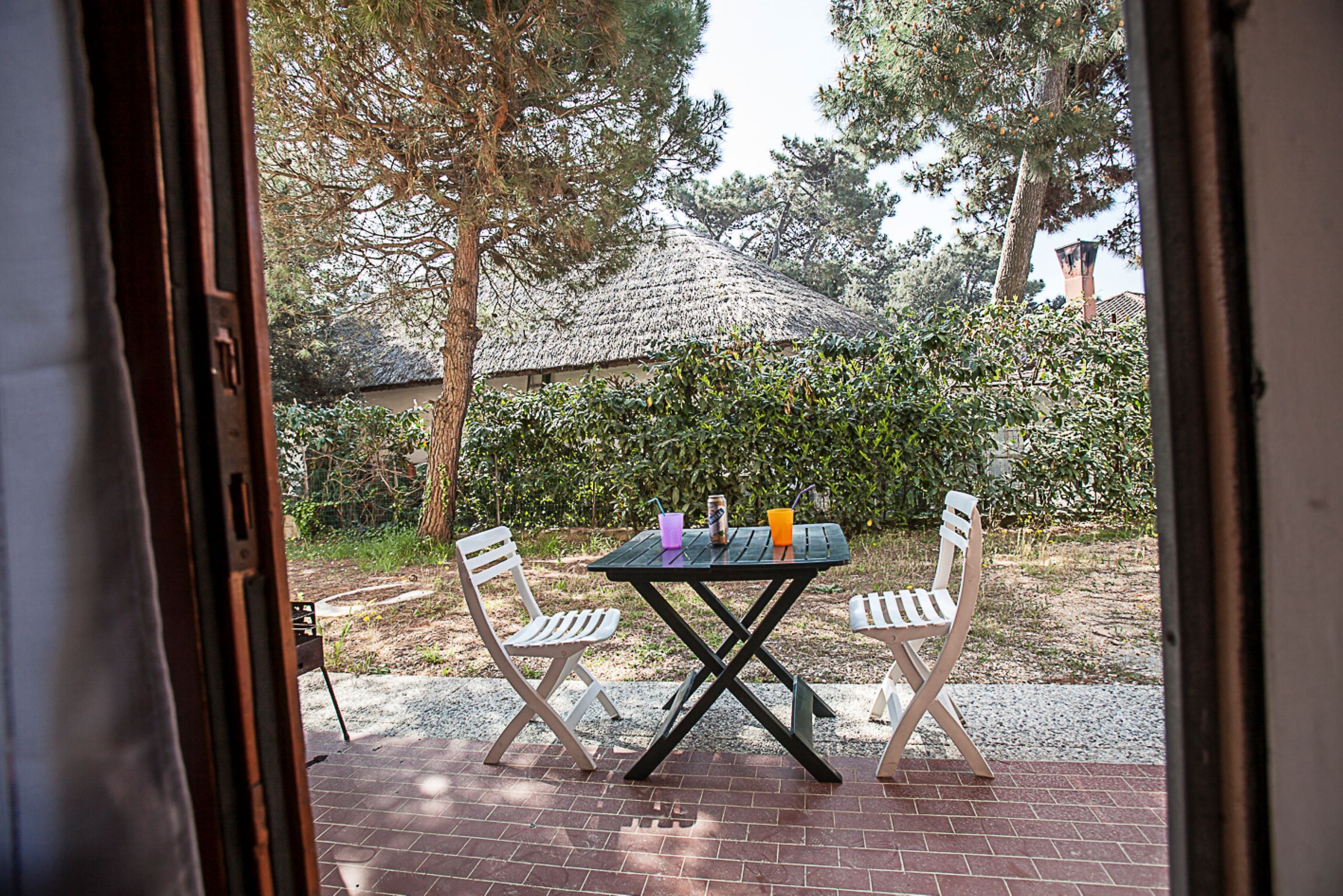 An outdoor patio with a table and two chairs, a thatched-roof structure in the background, and a view of trees and a building.