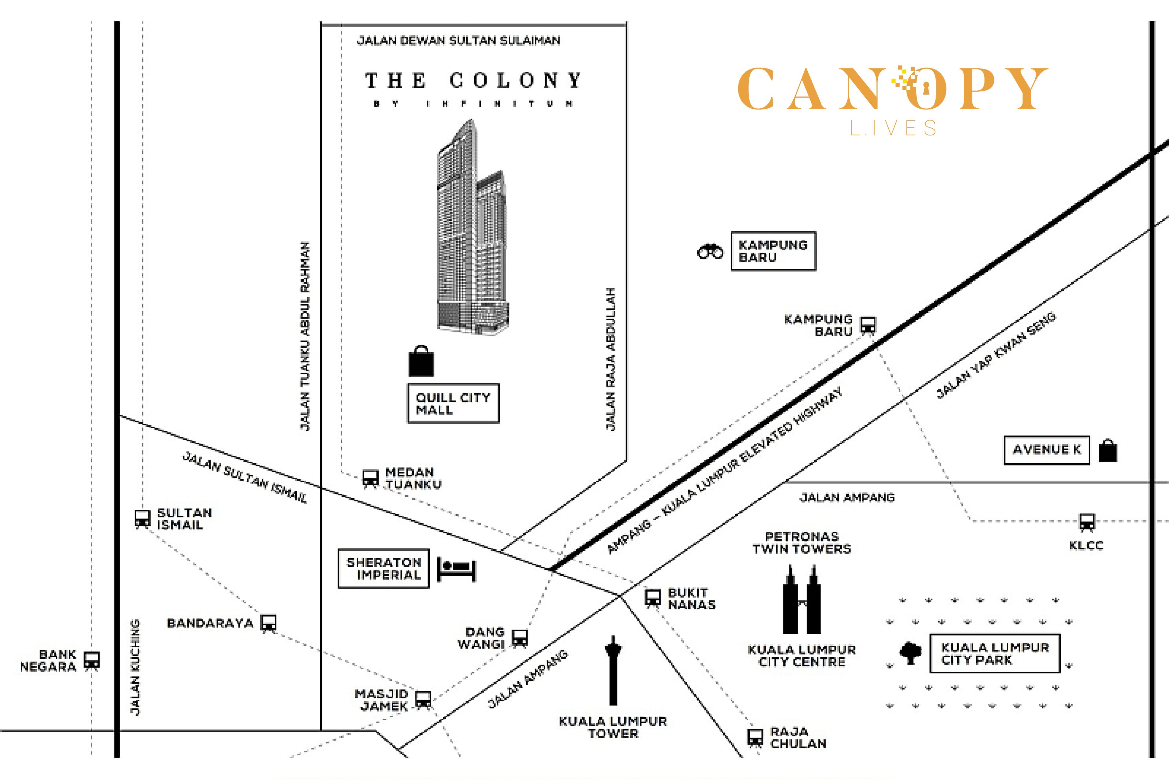 A map of The Colony by Infinity, highlighting key locations like Jalan Sultan Ismail, Jalan Ampang, and the Kuala Lumpur Tower.