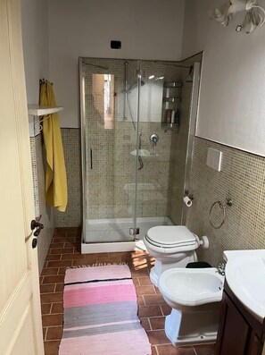 Chuveiro, secador de cabelo, bidê, toalhas de banho