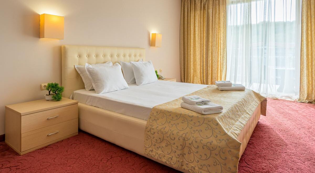 A hotel room with a large bed, bedside tables, a small plant, and a window with curtains.