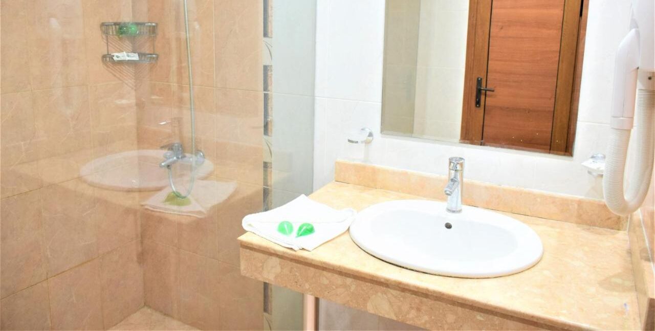 A bathroom with a glass-enclosed shower, a sink with a mirror above it, and a wooden door in the background.