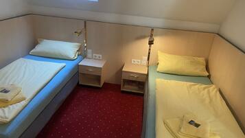 A small, compact room with two single beds, each with a pillow and a folded towel. There is a small bedside table with a lamp on one side and a power outlet on the other. The room has a red carpet with white dots and a skylight above the beds.