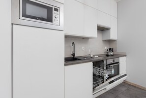 Fridge, microwave, oven, dishwasher