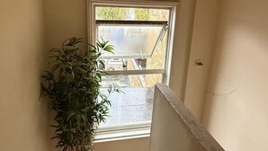 A narrow stairwell with a potted plant on the left and a window at the top. - Cosy two bedroom flat Fulham Broadway (London)