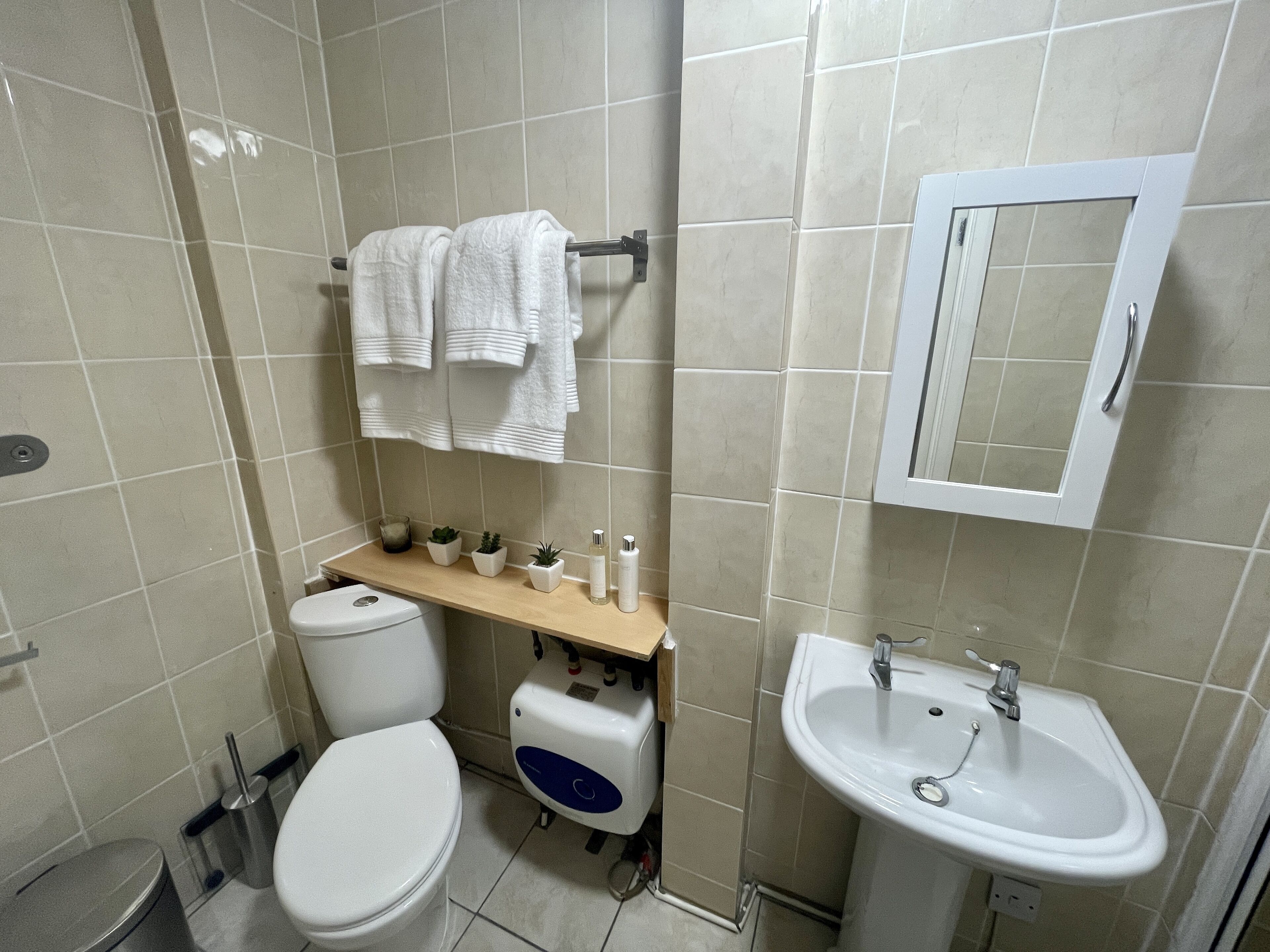 A bathroom with a toilet, sink, and a shelf with toiletries.