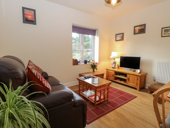 A living room with a brown leather sofa, a wooden coffee table, a TV on a wooden stand, and a window with a view of greenery. - The Annexe (Fakenham)