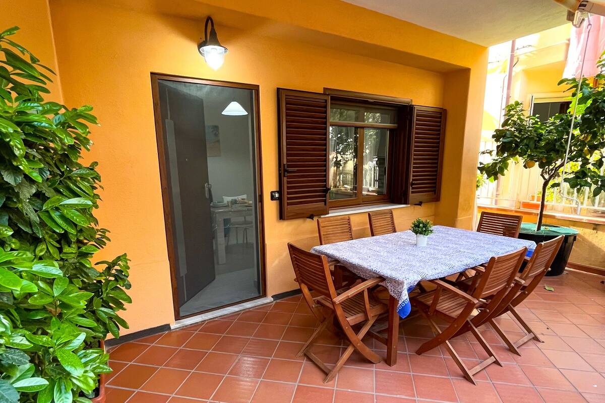 A patio area with a table and chairs, a potted plant, and a door with a window.