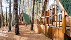 Une cabane avec une façade en bois, de grandes fenêtres et une véranda couverte.