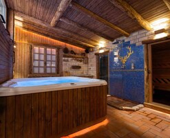 Un espacio de spa de madera con un jacuzzi, paredes de piedra y una ducha con mosaicos.
