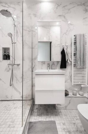 Douche, sèche-cheveux, serviettes fournies, savon