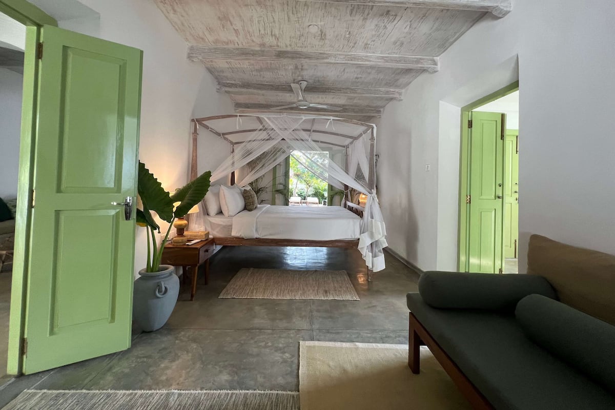 A room with a bed under a canopy, a green door, a potted plant, and a sofa.