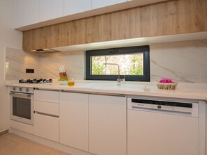 Full-sized fridge, oven, stovetop, dishwasher