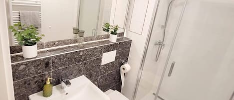 Hair dryer, towels, soap, toilet paper