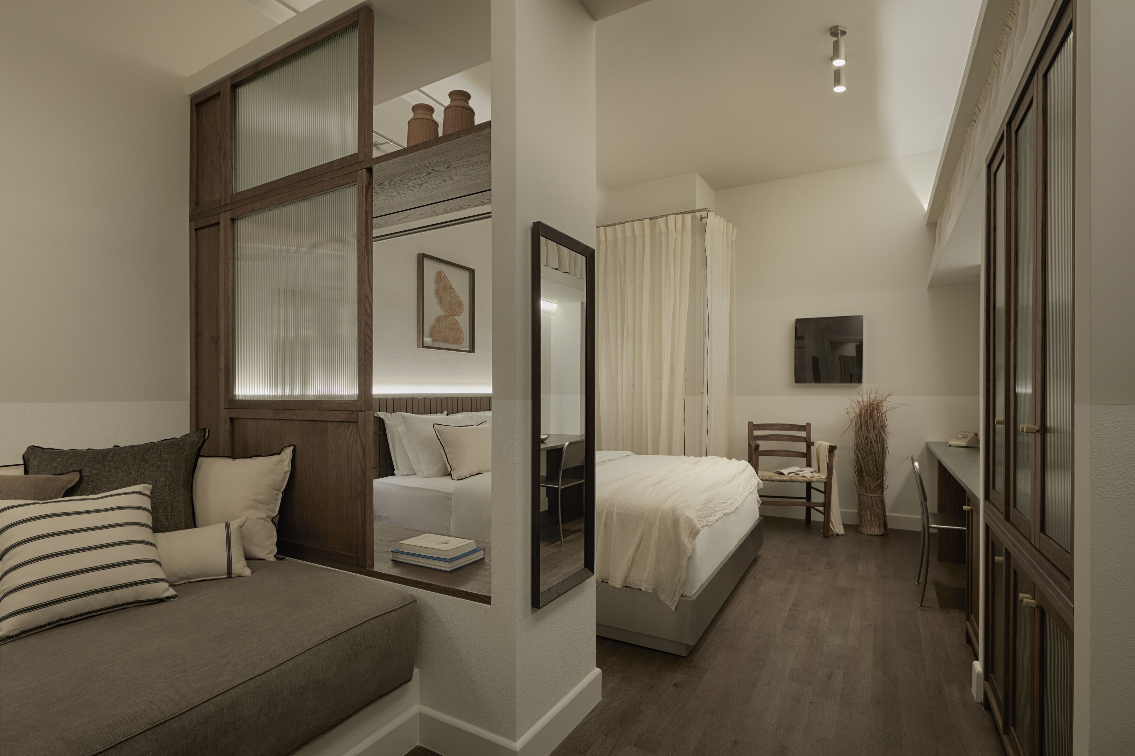 Minibar, desk, laptop workspace, iron/ironing board