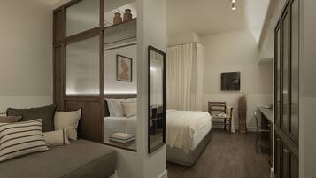 Minibar, desk, laptop workspace, iron/ironing board
