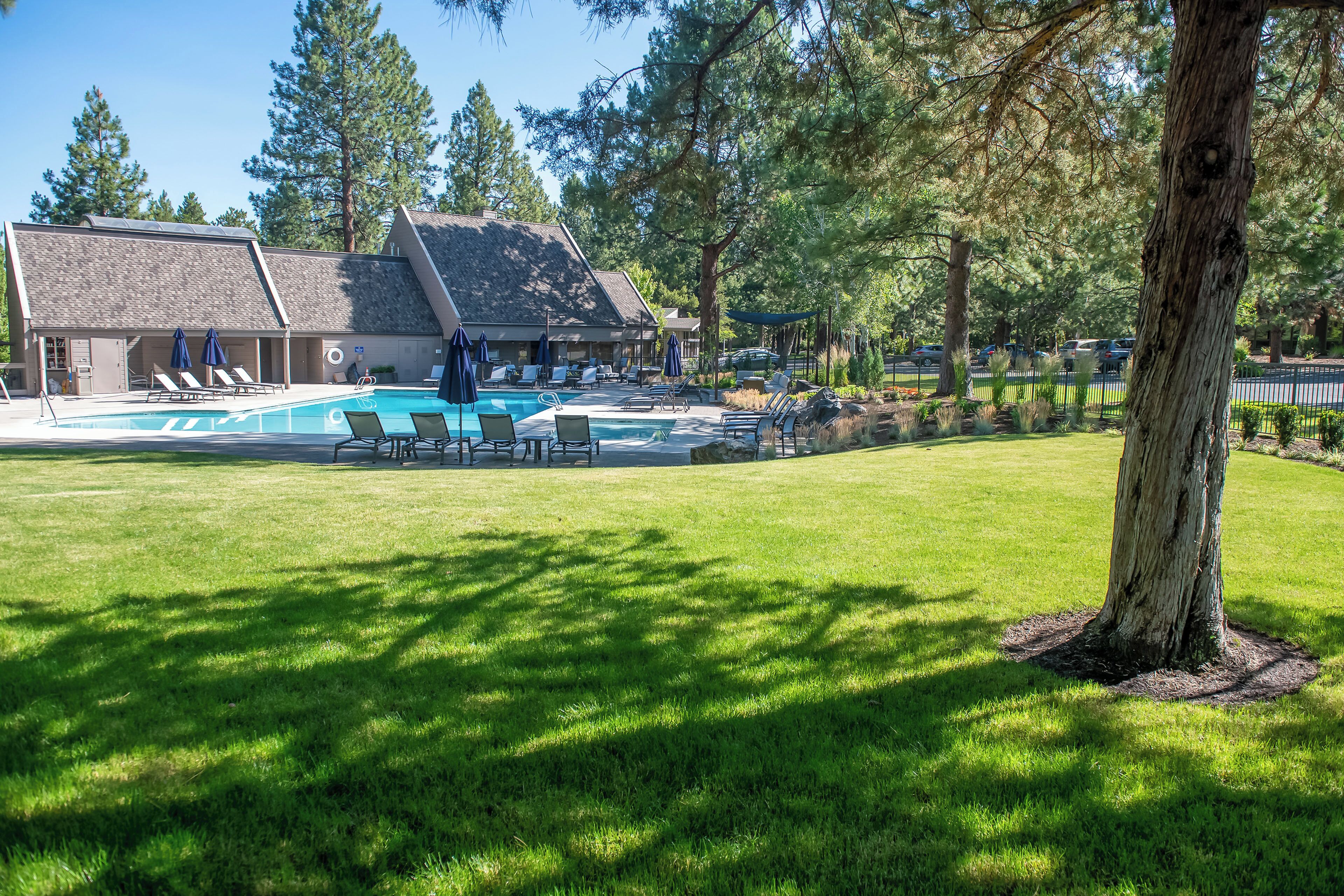 A pool area with lounge chairs and umbrellas, surrounded by trees and a building with a sloped roof.