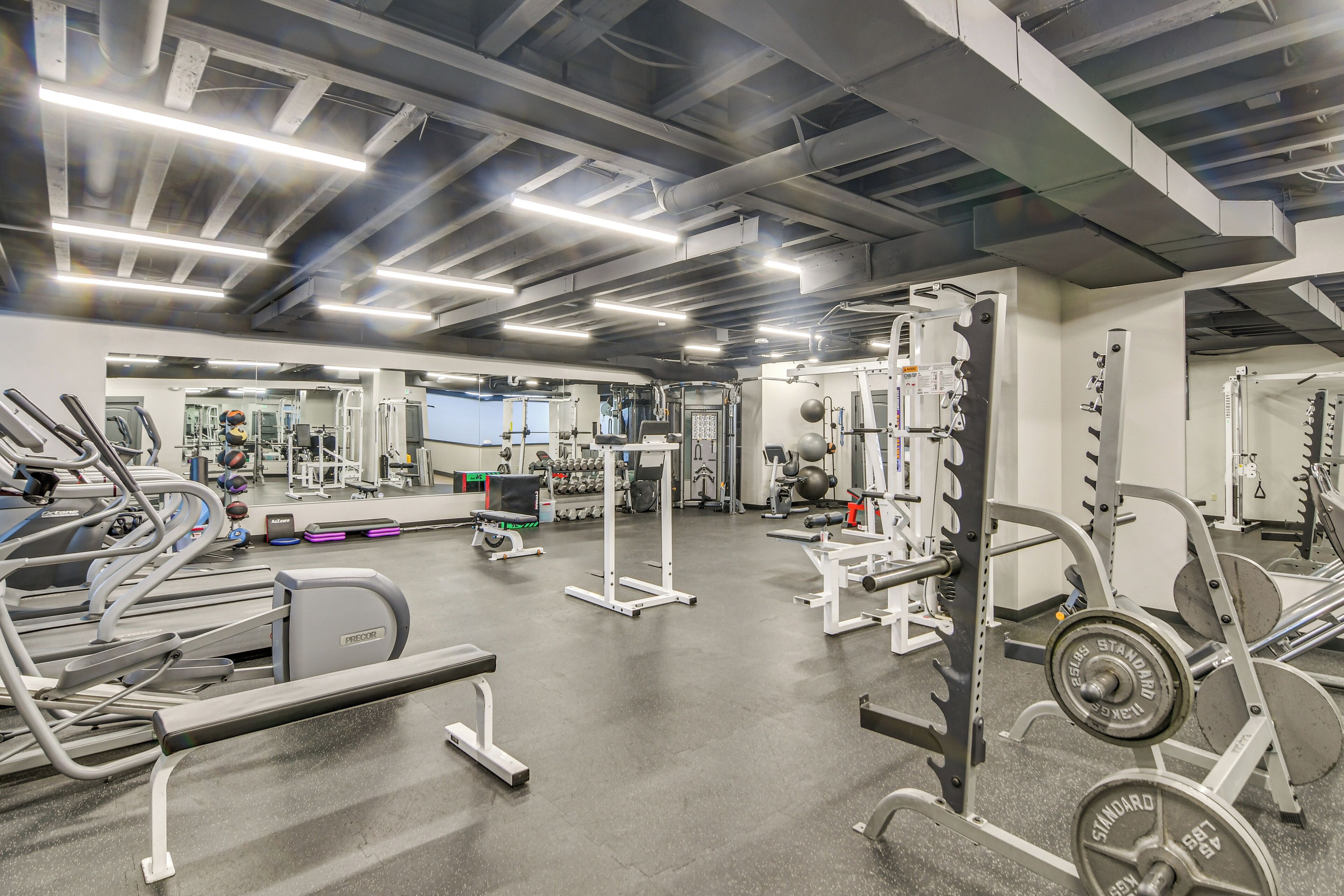 Uma academia com diversos equipamentos de exercício, incluindo esteiras, aparelhos de musculação e pesos livres.