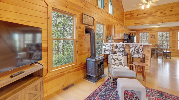 A cabin interior with a TV, fireplace, wooden walls, and large windows. - Peaceful Ellijay Cabin: Pool Access & Resort Perks (Ellijay)