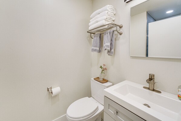 A bathroom with a white toilet, a sink with a mirror, and towels on a rack. - Bright Ketchum Retreat w/ Views & Private Hot Tub! (Ketchum)